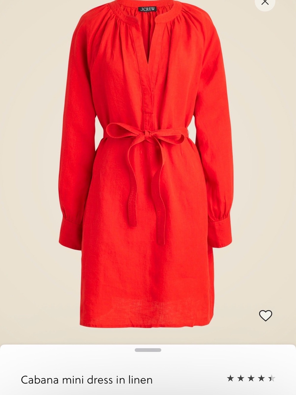 J. Crew Bright Red Long Sleeve Linen Belted Dress